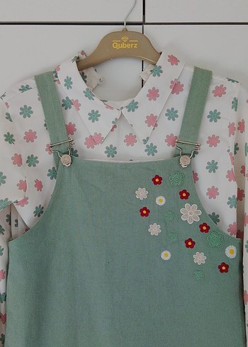 Nakışlı Yeşil Kız Salopet Elbise - Görsel 4