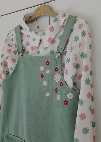 Nakışlı Yeşil Kız Salopet Elbise - Görsel 3