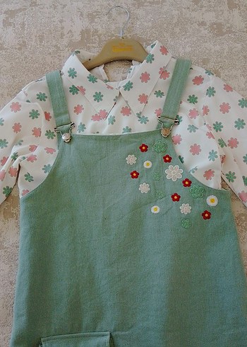 Nakışlı Yeşil Kız Salopet Elbise - Görsel 5