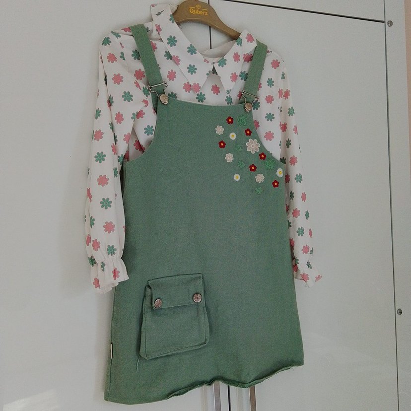 Nakışlı Yeşil Kız Salopet Elbise - Görsel 2