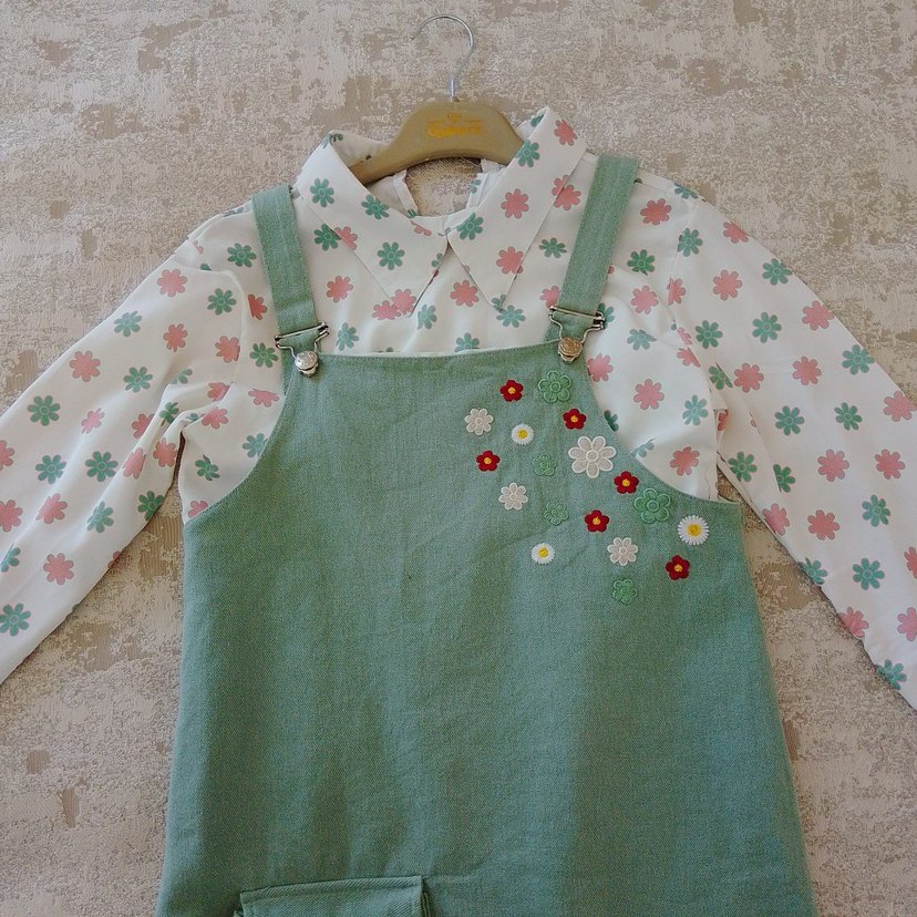 Nakışlı Yeşil Kız Salopet Elbise - Görsel 5