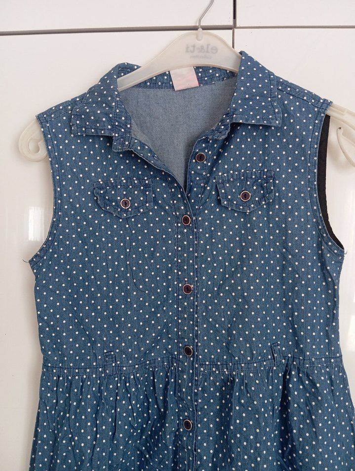 Kolsuz Puantiyeli keten Elbise - Görsel 2