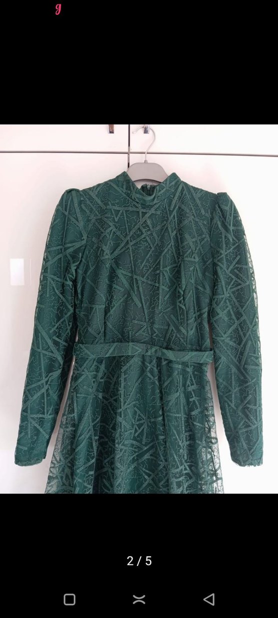 Yeşil Dantel İşlemeli Uzun Abiye Elbise - Görsel 2