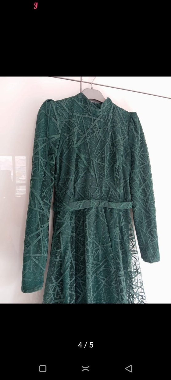 Yeşil Dantel İşlemeli Uzun Abiye Elbise - Görsel 4