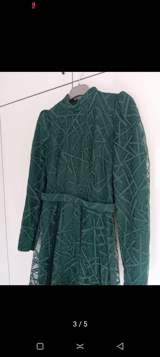 Yeşil Dantel İşlemeli Uzun Abiye Elbise - Görsel 3