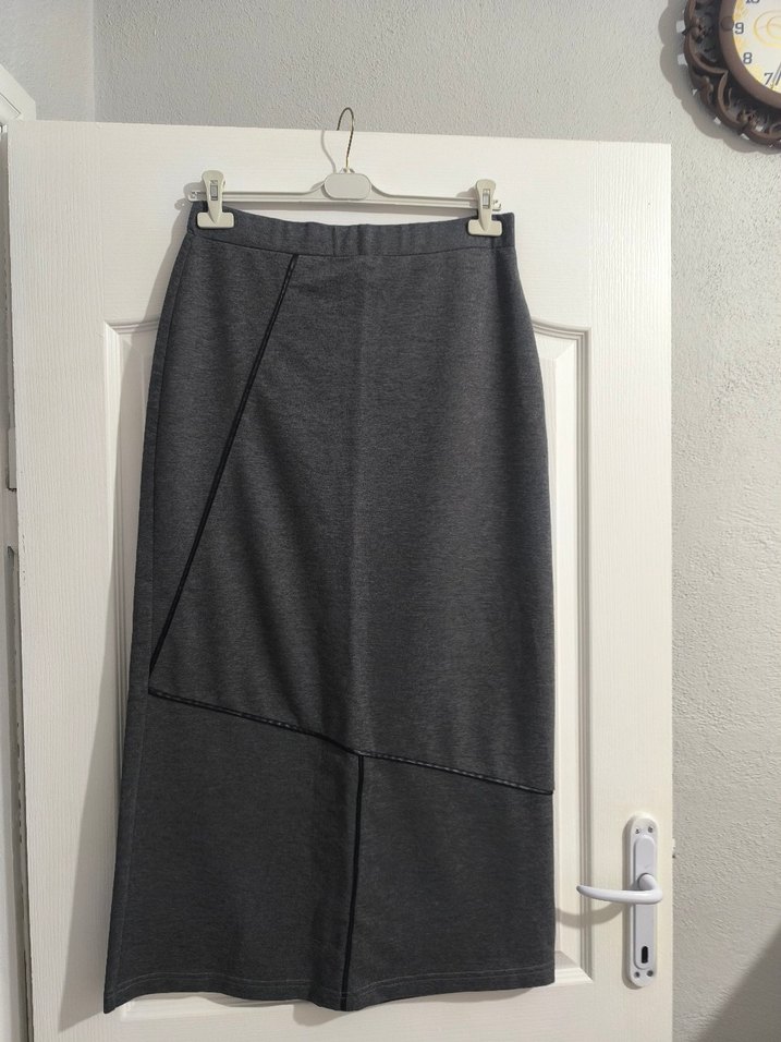 Gri Uzun kalem Eteği, Kemer Detaylı - Görsel 3