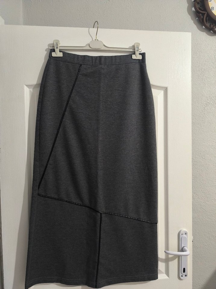 Gri Uzun kalem Eteği, Kemer Detaylı - Görsel 4