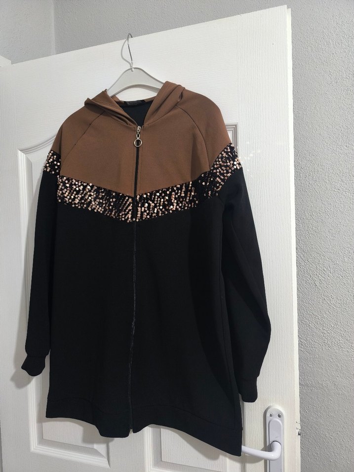Kapüşonlu, Fermuarlı Kahverengi Siyah  Ceket - Görsel 2