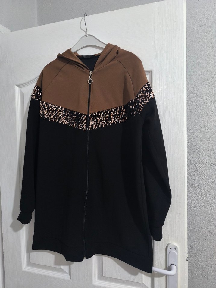 Kapüşonlu, Fermuarlı Kahverengi Siyah  Ceket - Görsel 3