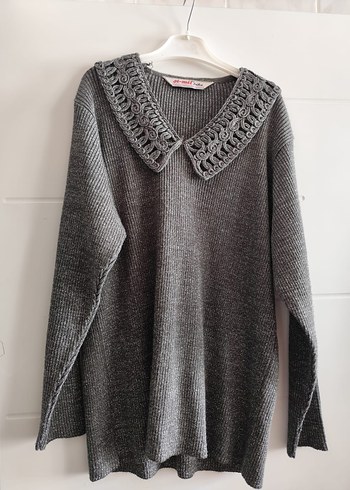 Gri V Yaka Örgü Kadın Kazak - Görsel 2