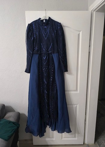 Lacivert İşlemeli Uzun Kollu Abiye Elbise - Görsel 5