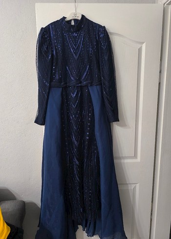 Lacivert İşlemeli Uzun Kollu Abiye Elbise - Görsel 3