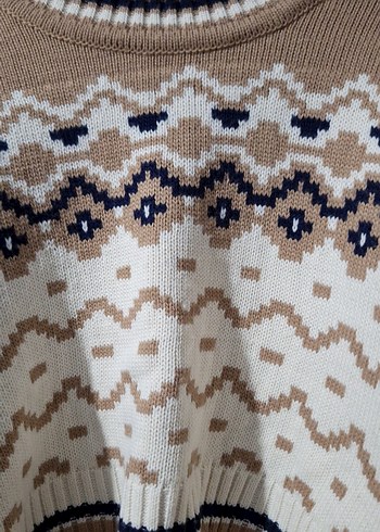 Bohem Nakışlı Kahverengi Kısa Triko Kazak - Görsel 3