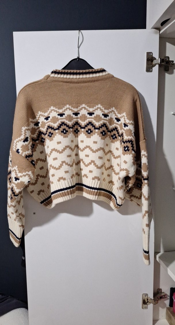 Bohem Nakışlı Kahverengi Kısa Triko Kazak - Görsel 2