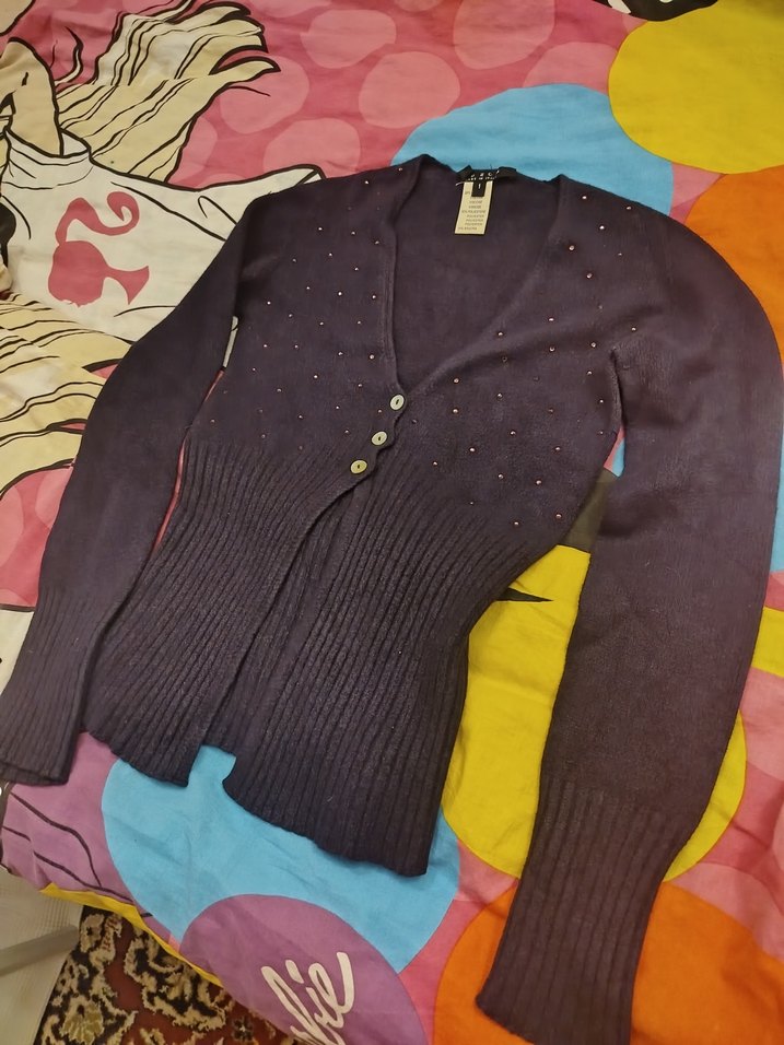 Mor V Yaka Düğmeli İnce Triko Hırka - Görsel 2