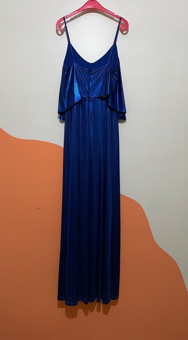 Parlak Mavi Uzun Askılı Kadın Abiye Elbise - Görsel 3