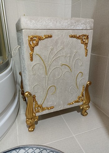 Beyaz Altın Detaylı banyo kirli sepeti takımı