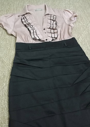 Pembe Pilili Kısa Kollu Ofis Elbisesi - Görsel 2