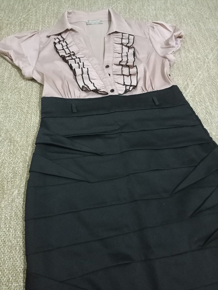 Pembe Pilili Kısa Kollu Ofis Elbisesi - Görsel 2