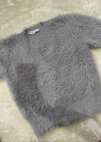 Gri Kısa Kollu Kürklü Kadın Kazak - Görsel 4