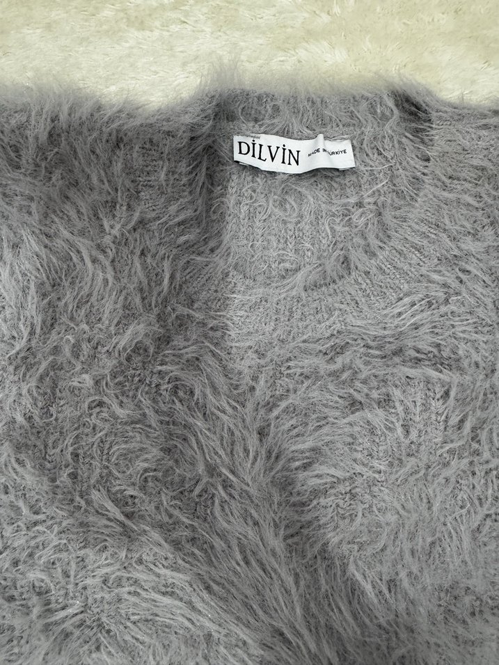 Gri Kısa Kollu Kürklü Kadın Kazak - Görsel 2