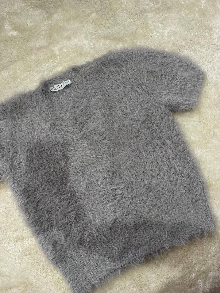 Gri Kısa Kollu Kürklü Kadın Kazak - Görsel 3