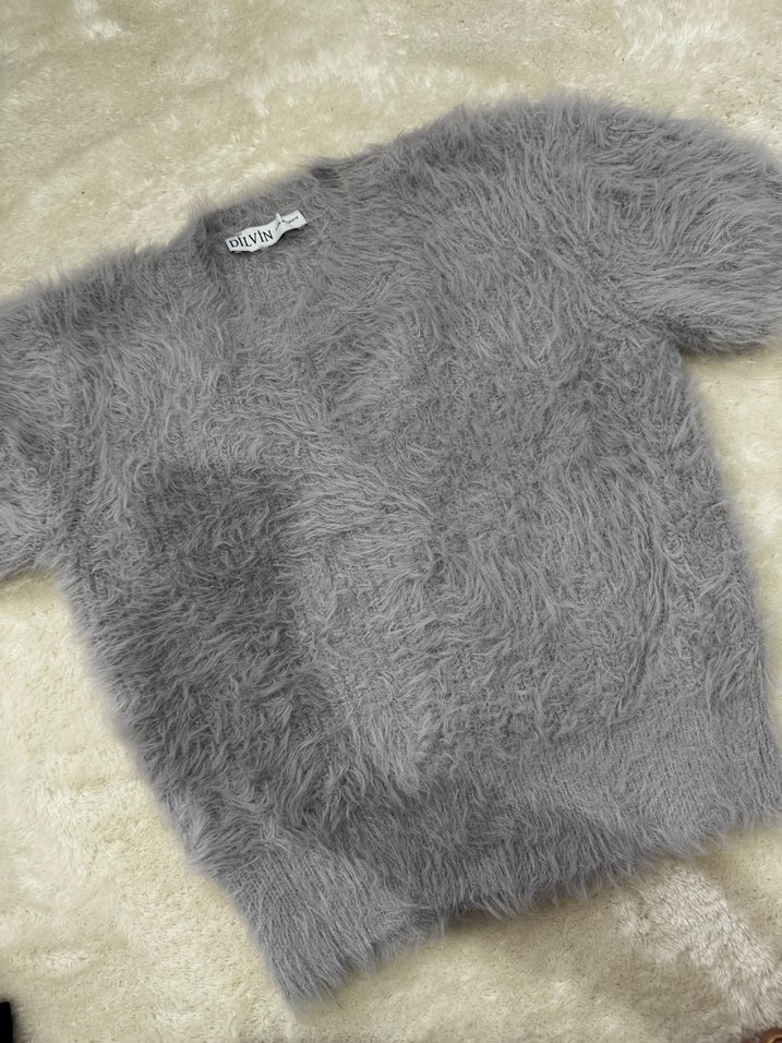 Gri Kısa Kollu Kürklü Kadın Kazak - Görsel 4