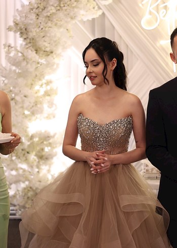 Straplez Parlak Altın taşlı Uzun Elbise - Görsel 2