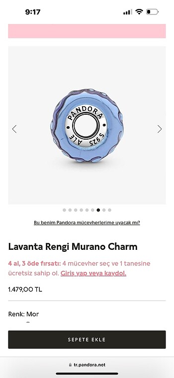 Beden mor Renk orijinal pandora charm