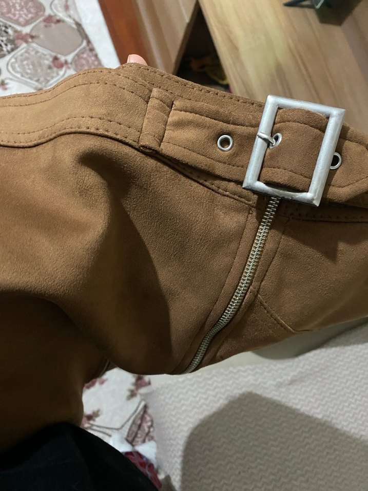 Kahverengi Süet Kemerli Mini Etek - Görsel 2