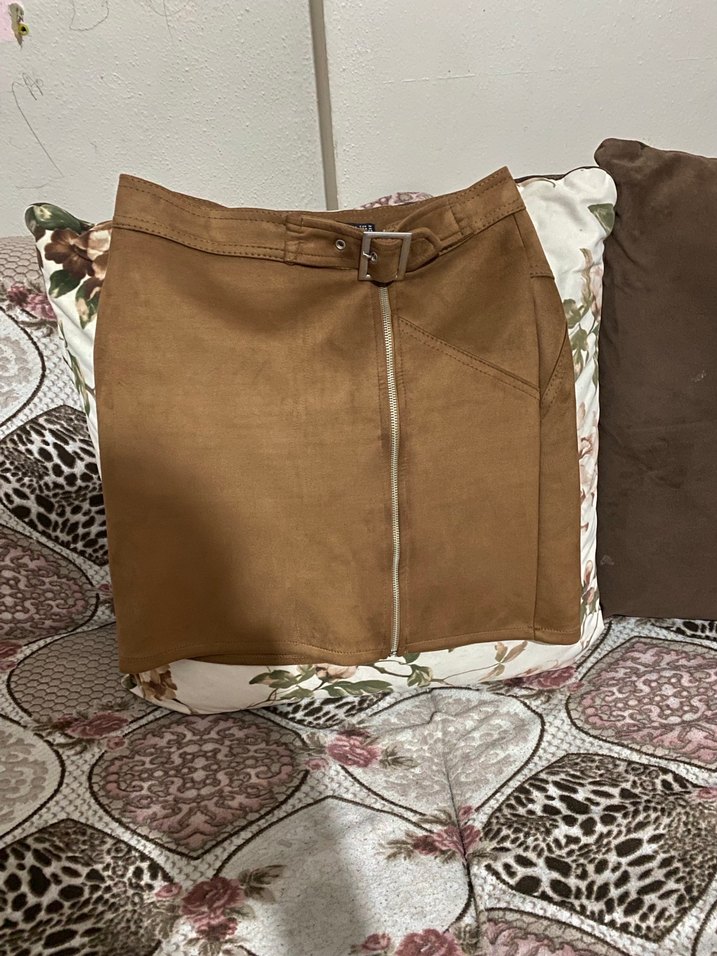 Kahverengi Süet Kemerli Mini Etek - Görsel 5