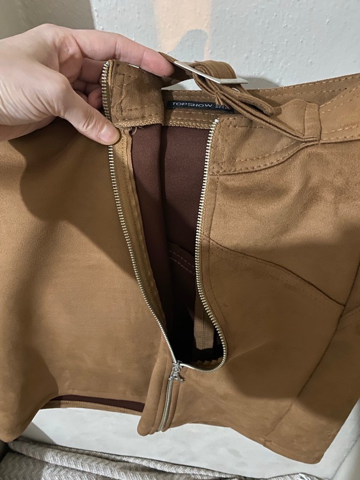 Kahverengi Süet Kemerli Mini Etek - Görsel 3