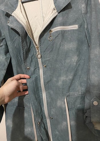 Gri Batik Desenli Kadın Denim Ceket - Görsel 4