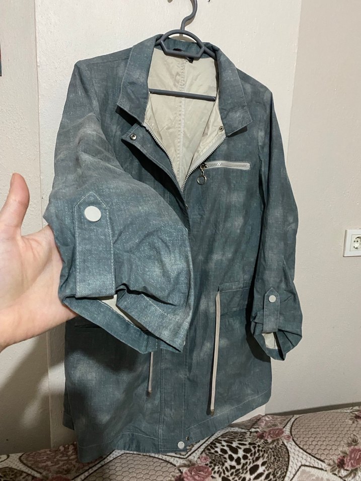 Gri Batik Desenli Kadın Denim Ceket - Görsel 3