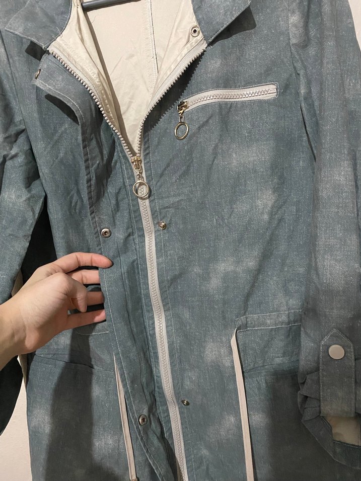 Gri Batik Desenli Kadın Denim Ceket - Görsel 4