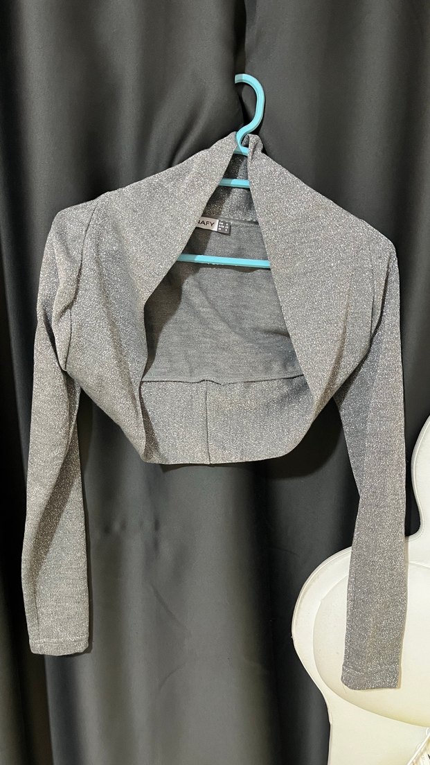 Gri Uzun Kollu Simli Bolero - Görsel 2