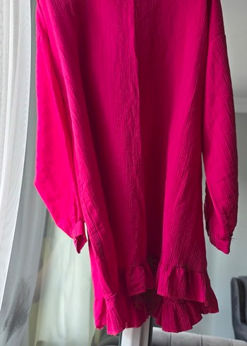 Pembe Keten Fırfırlı Uzun Kollu Tunik takmı