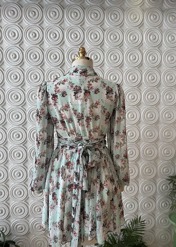 Uzun Pilili Bohem Çiçekli Turkuaz Elbise - Görsel 3