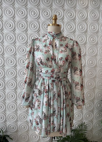 Uzun Pilili Bohem Çiçekli Turkuaz Elbise - Görsel 6