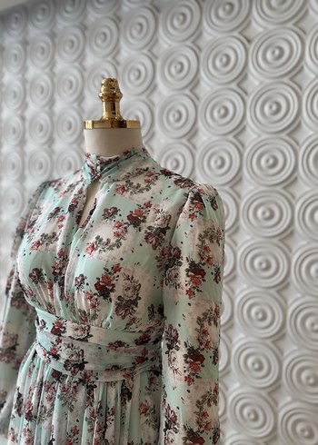 Uzun Pilili Bohem Çiçekli Turkuaz Elbise - Görsel 5