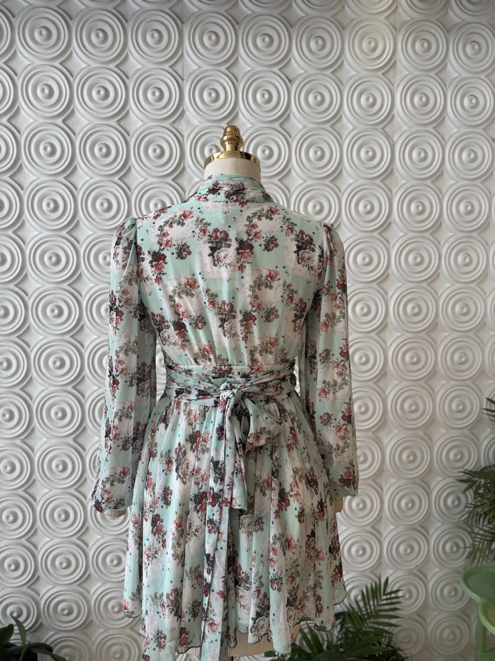 Uzun Pilili Bohem Çiçekli Turkuaz Elbise - Görsel 3