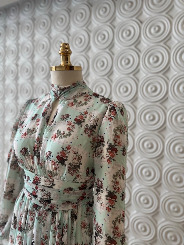 Uzun Pilili Bohem Çiçekli Turkuaz Elbise - Görsel 5