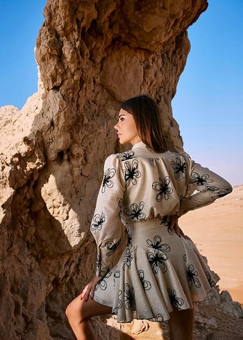 Kürklü Bohem Etnik Desenli Mini Elbise - Görsel 4