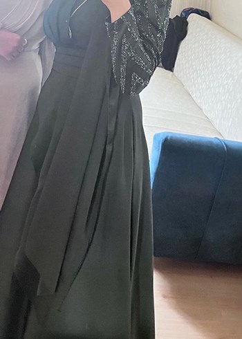 Uzun Kol Drapeli Haki Abiye Elbise - Görsel 4