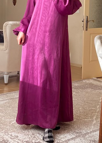 Mor, Uzun, Salaş, Yüksek Yakalı Kadın Elbise - Görsel 3