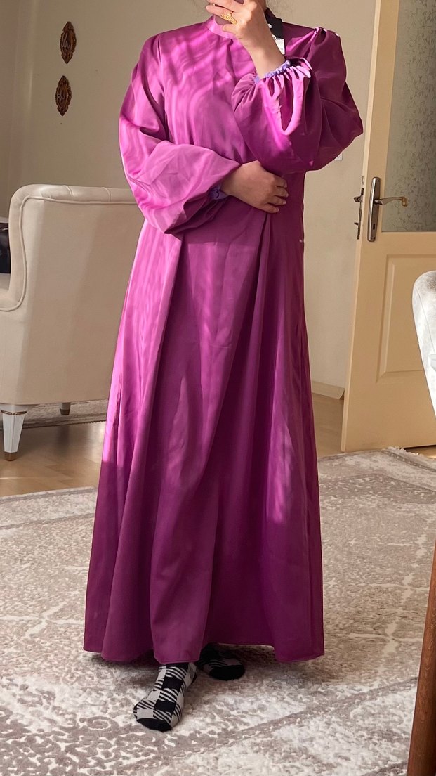 Mor, Uzun, Salaş, Yüksek Yakalı Kadın Elbise - Görsel 5