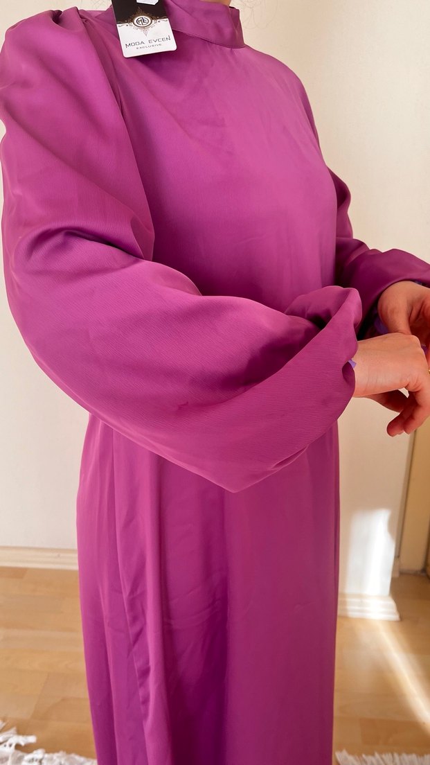Mor, Uzun, Salaş, Yüksek Yakalı Kadın Elbise - Görsel 2