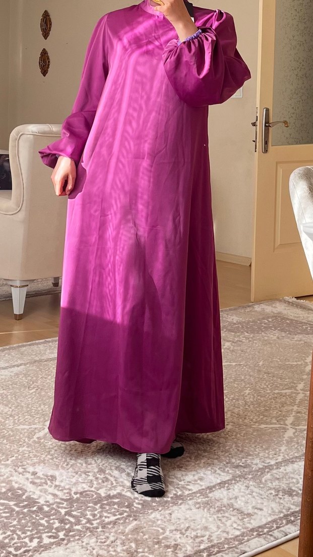 Mor, Uzun, Salaş, Yüksek Yakalı Kadın Elbise - Görsel 3