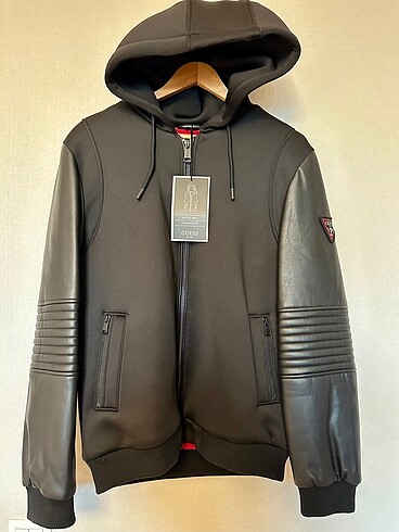 Guess kapüşonlu deri kollu Bomber Mont