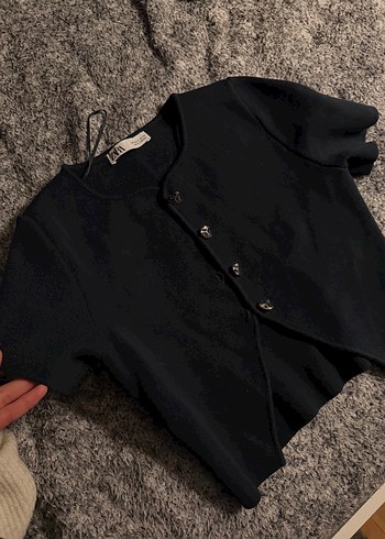 Lacivert  Düğmeli Kısa Kollu Yün Hırka - Görsel 2